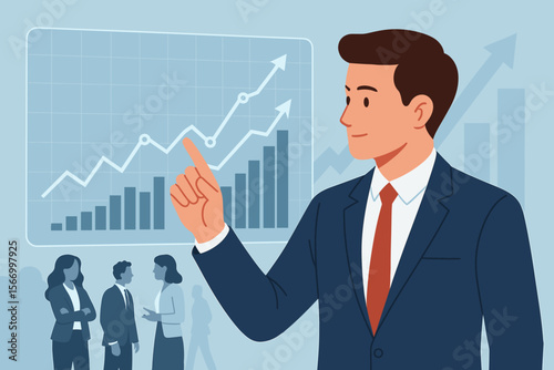 Businessman analyzing stock market data on a virtual screen. Manager pointing at growing financial chart. Concept of investment, trading strategy, economic growth, and success.