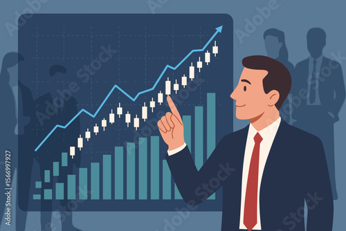 Financial expert analyzing stock exchange data on a virtual interface. Businessman pointing at a growth chart with candlestick graph. Investment, trading, and economy success concept.