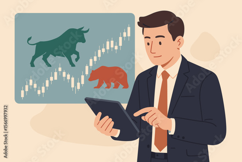 Businessman trader analyzing stock market data on a tablet. Bull and bear symbols for bullish and bearish trends on a financial candlestick chart. Investment, trading, and finance concept.
