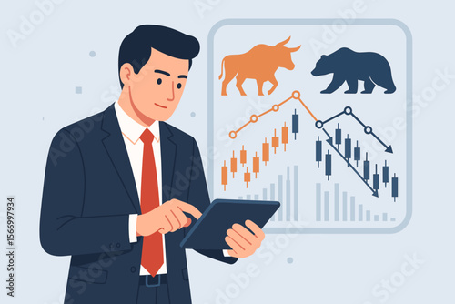 Businessman trader using a tablet to analyze stock market data. Vector illustration concept of bullish and bearish trends with bull and bear symbols and financial candlestick chart.