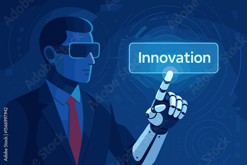 Businessman with robotic arm touching innovation button on virtual screen. Futuristic technology, AI, and digital transformation concept. Man with cyborg hand interacting with UI.