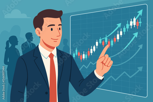 Businessman analyzing stock market chart. Financial investment concept. Trader pointing at candlestick graph showing growth and profit. Forex trading data analysis on virtual screen.