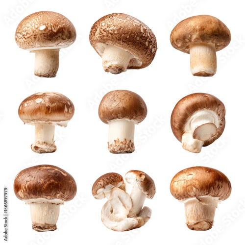 A collection of brown mushrooms arranged in a neat grid, showcasing their unique shapes and textures