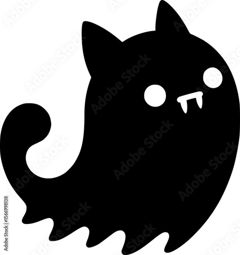 Ghost cat silhouette with tiny fangs, cute horror vibe, meme vector
