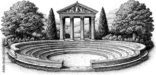 Ancient greek theatre with stone seats and open stage in vintage sketch style