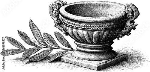 Vintage sketch of apollo's lyre on carved pedestal with olive branch design
