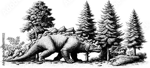 Ankylosaurus strolling through a lush conifer forest - vintage hand drawn illustration