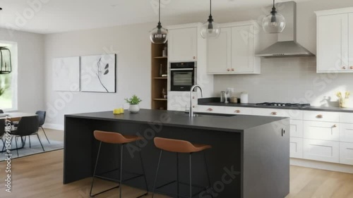 Modern kitchen design ideas: white cabinets, dark island, open shelving and stylish pendant lighting