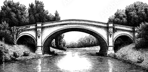 Vintage sketch of arched stone bridge over calm river adorned with ivy scenery