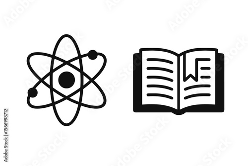 2 black and white study icons. Atom for physics and open book for literature. Clean, minimal symbols for education and learning.