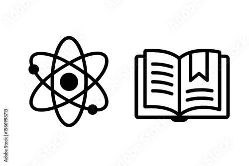 Vector set with 2 black icons: physics atom and literature book. Ideal for education, school, academic and study designs.