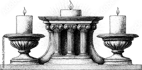 Baroque altar with columns and candles in vintage style engraving for decorative designs