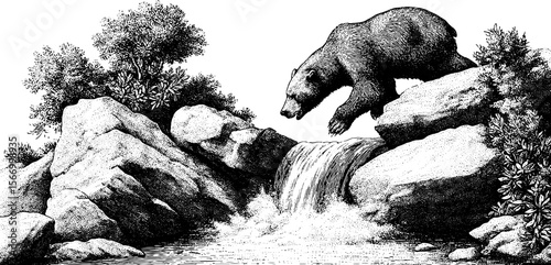 Majestic bear catching salmon at rushing mountain stream - vintage hand drawn engraving