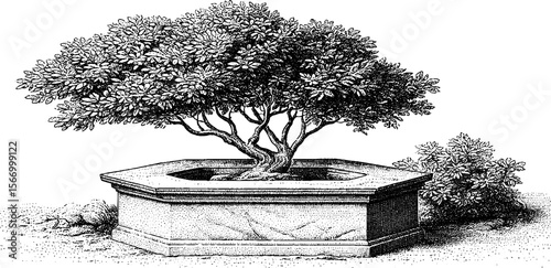 Vintage sketch of bodhi tree with weathered stone altar for zen garden design