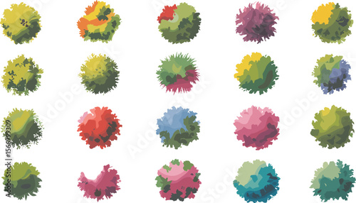 Top-Down Architectural Landscape Design Elements: Diverse Colorful Plan View Trees, Shrubs, and Bushes for Nature Parks, Gardens, and Urban Planning Projects, Ideal for Digital Renderings.