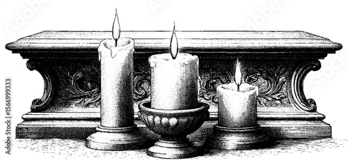 Eerie candles burning in dark gothic crypt with ornate stone altar for mysterious occasions