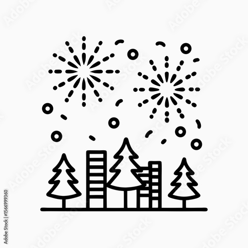 Fireworks Over Cityscape and Pine Trees for Holiday Celebrations, Event Promotion, Marketing Materials, Festive Blogs, and Social Media Content  