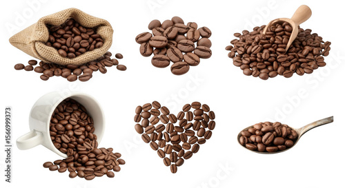 Assorted Coffee Beans in Various Arrangements for Coffee Lovers and Enthusiasts, isolated on a transparent background
