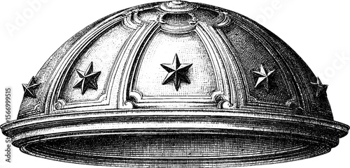 Vintage ceiling dome with radial geometry and golden stars design for interior decor