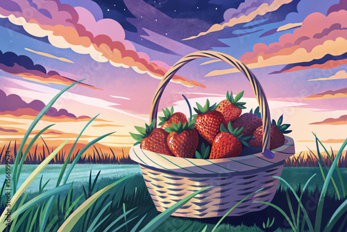 Strawberry Field with Picking Baskets cartoon Fresh Fruit Farm Illustration