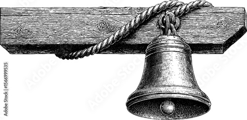 Vintage chapel bell hanging from wooden beam illustration