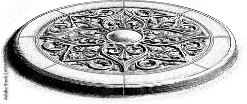 Vintage circular mosaic floor design in cathedral vestibule for interior decor