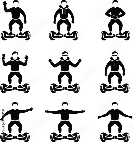 Person on Hoverboard Icons – Black Silhouette Vector Pack Hoverboard Rider Silhouette Set – Modern Transport Icon Collection