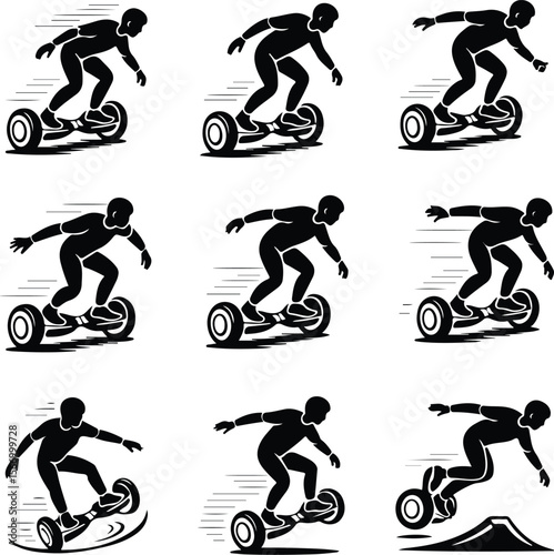 Person on Hoverboard Icons – Black Silhouette Vector Pack Hoverboard Rider Silhouette Set – Modern Transport Icon Collection