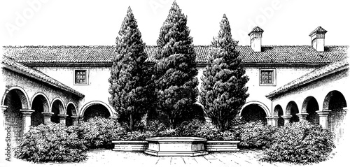 Tranquil cloister garden with arched walkway and stone bench - vintage engraving illustration