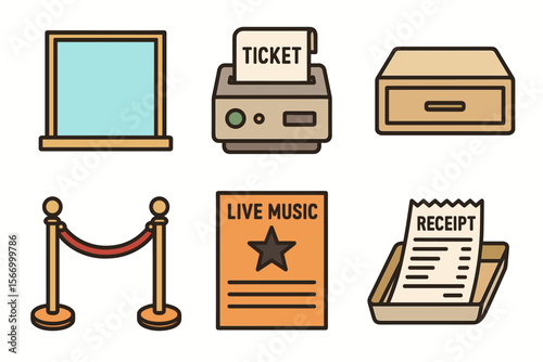 Ticket office icons set with window, printer, and accessories