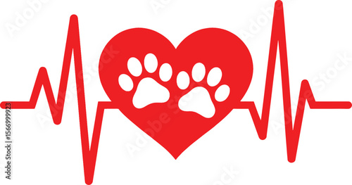 Love Heartbeat Lifeline with Paw Prints EKG Symbol.