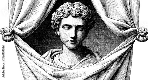 Elegant courtly figure in ruffled robe beneath draped curtains