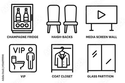 Icons of amenities: champagne fridge, haigh-backs, media screen wall, vip, coat closet, glass partition