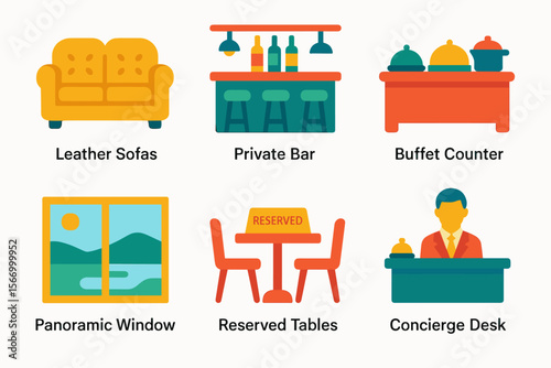Hotel amenities icons: sofa, bar, buffet, window view, reserved table, concierge