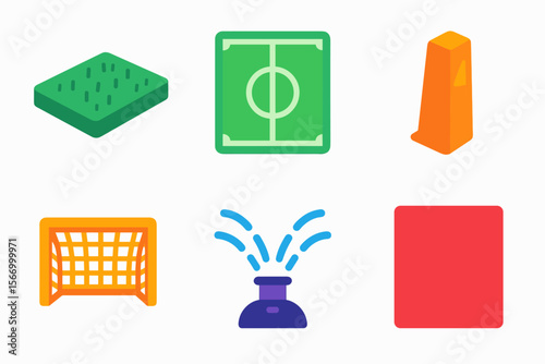 Soccer field icons set: pitch, goal, sprinkler, cone, cards
