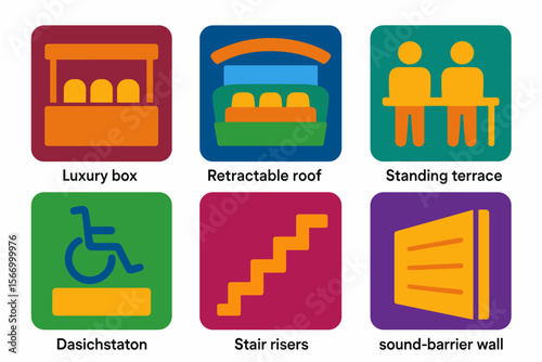 Stadium design icons: luxury box, retractable roof, standing terrace, accessibility, stair risers, sound-barrier wall