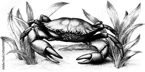 Vintage crab illustration with drift kelp on sandy seabed - hand drawn sea life art