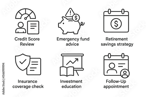 Financial planning icons: credit, savings, insurance, investment, appointment