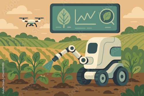 Smart farming agritech concept with autonomous robot spraying plants and drone monitoring. Precision agriculture, futuristic automation, AI leaf analysis and crop fertilization. Vector.