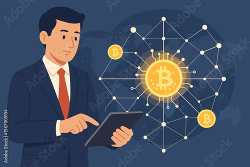 Businessman investing in Bitcoin. Concept of cryptocurrency and blockchain technology. Global network, financial technology, digital money, crypto trading, fintech, investment.