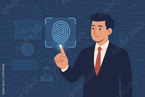 Biometric authentication concept. Businessman touching fingerprint scanner on virtual screen for secure access. Cybersecurity, data protection, financial security, and business technology.