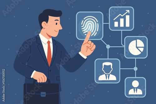 Businessman uses fingerprint scanning for biometric authentication. Secure access to business data, analytics, and corporate network. Cybersecurity and identity verification cartoon illustration.