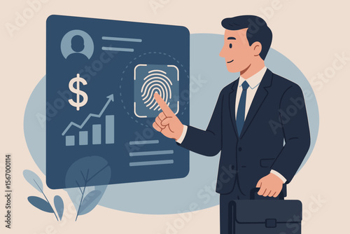 Businessman using fingerprint identification for secure access to financial data. Biometrics security, E-KYC, digital identity verification, cybersecurity technology and innovation concept.