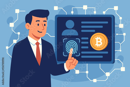 Businessman using fingerprint identification for secure biometric authentication. Blockchain technology concept for cryptocurrency access, E-KYC, and personal data protection. Fintech.