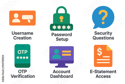 Online account security icons: username, password, questions, otp