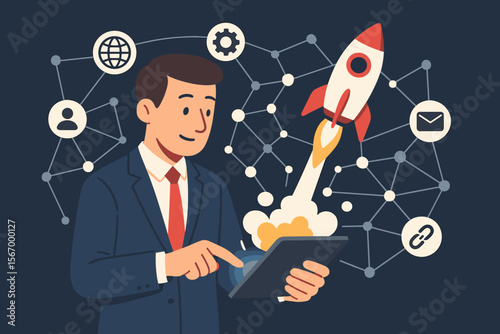 Business startup concept. Businessman with tablet launching rocket. New project launch. Digital technology, innovation, success, growth. Entrepreneur managing online strategy. Boost.