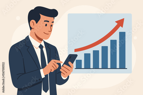 Businessman using mobile smartphone analyzing sales data and economic growth graph chart. Financial analysis, business strategy, and marketing report. Successful investment and profit concept.