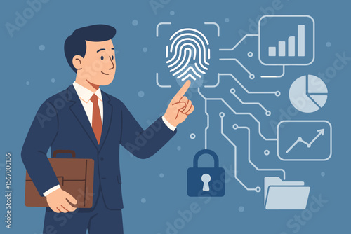 Businessman using fingerprint scanning for biometric authentication to access a secure data network. Cybersecurity concept for digital privacy, login, and unlocking financial information.