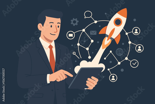 Businessman launching rocket from tablet. Startup project boost concept. Entrepreneur with new idea for success and growth. Digital technology, innovation, network connection. Flat vector.
