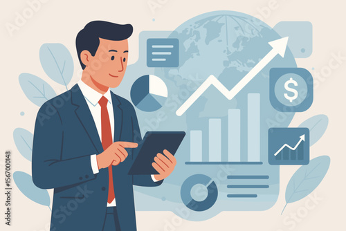 Businessman analyzing sales data and business growth on a virtual interface. Concept for global business strategy, financial analytics, and digital marketing. Modern flat vector cartoon.